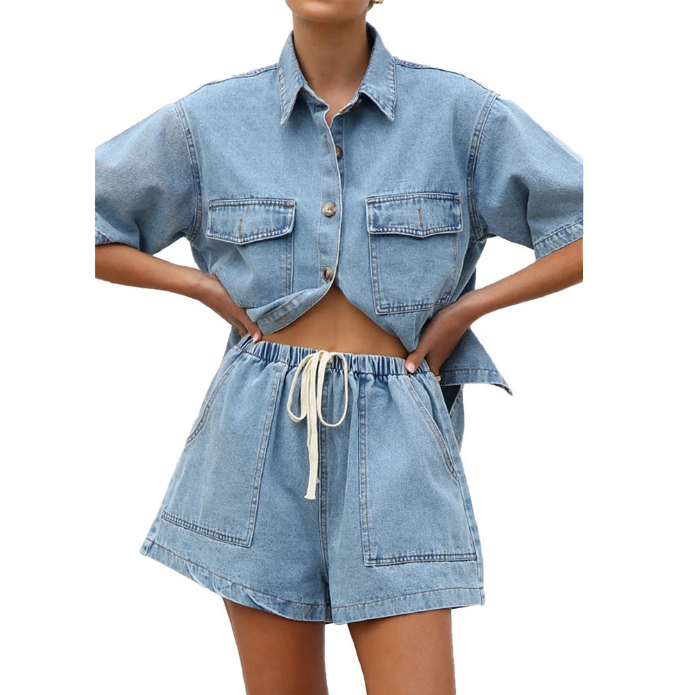 Women's Loose Pockets Short-sleeved Shirt Suit
