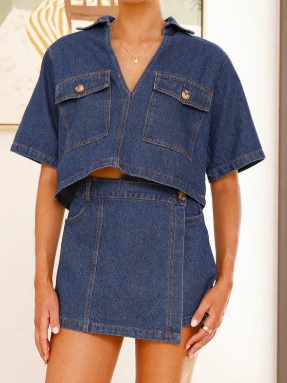 Women's V-neck Short Sleeve Loose And Irregular Denim Short Pantskirt Suit