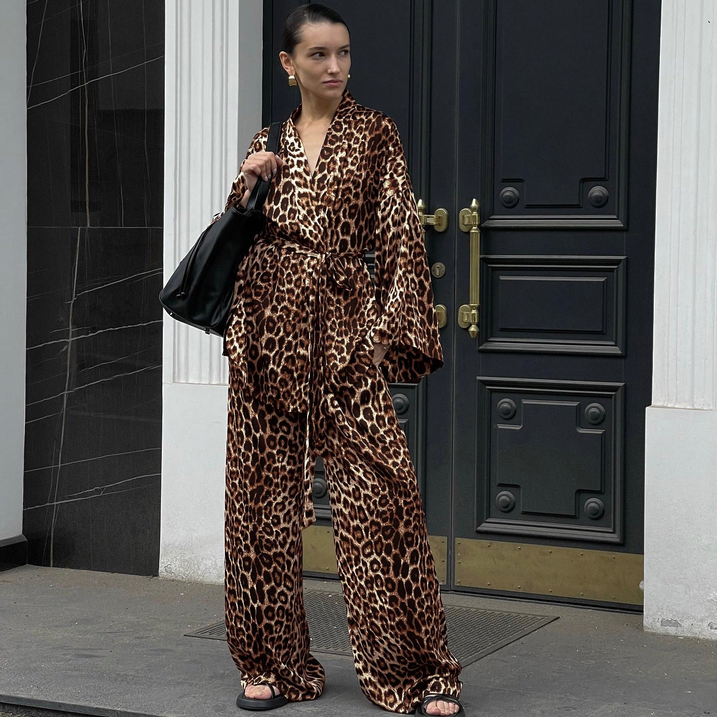 Leopard Print Long-sleeved Trousers Lace-up Suit Fashion New Two-piece Suit Women
