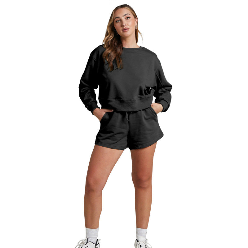 Solid Color Long Sleeve Sweaters Women's Clothing Short Two-piece Set