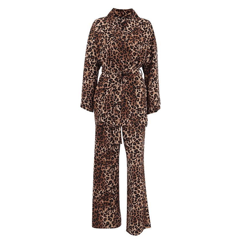 Leopard Print Long-sleeved Trousers Lace-up Suit Fashion New Two-piece Suit Women