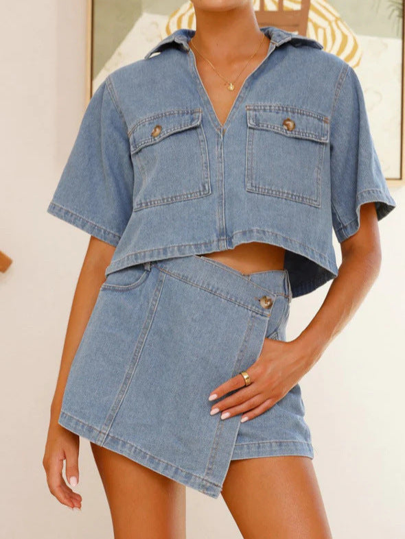 Women's V-neck Short Sleeve Loose And Irregular Denim Short Pantskirt Suit
