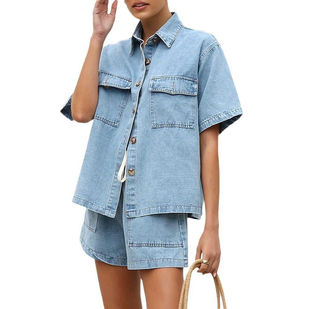 Women's Loose Pockets Short-sleeved Shirt Suit
