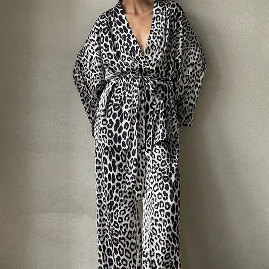 Leopard Print Long-sleeved Trousers Lace-up Suit Fashion New Two-piece Suit Women