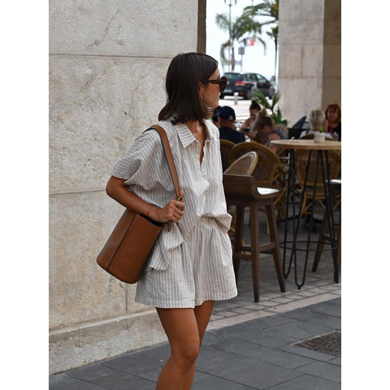 Fashion Casual Loose Striped Shirt Shorts Suit