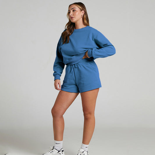 Solid Color Long Sleeve Sweaters Women's Clothing Short Two-piece Set