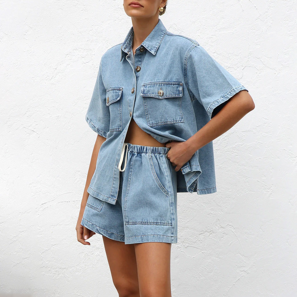 Women's Loose Pockets Short-sleeved Shirt Suit