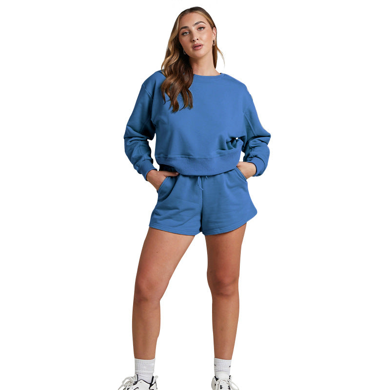 Solid Color Long Sleeve Sweaters Women's Clothing Short Two-piece Set