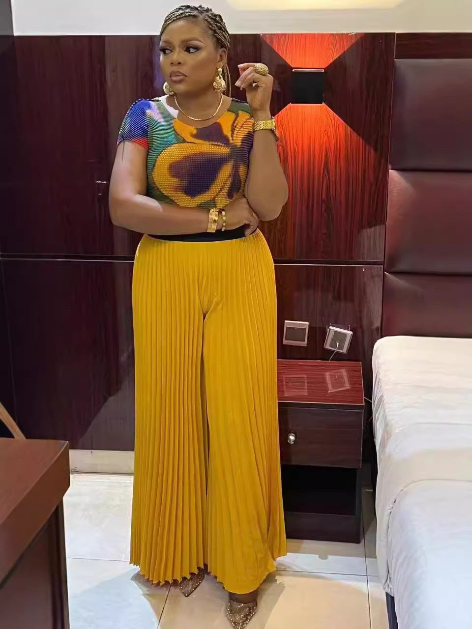 Fashion Plus Size Women Suit Pleated Print Short-sleeved Wide-leg Pants
