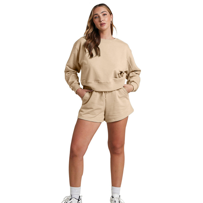 Solid Color Long Sleeve Sweaters Women's Clothing Short Two-piece Set