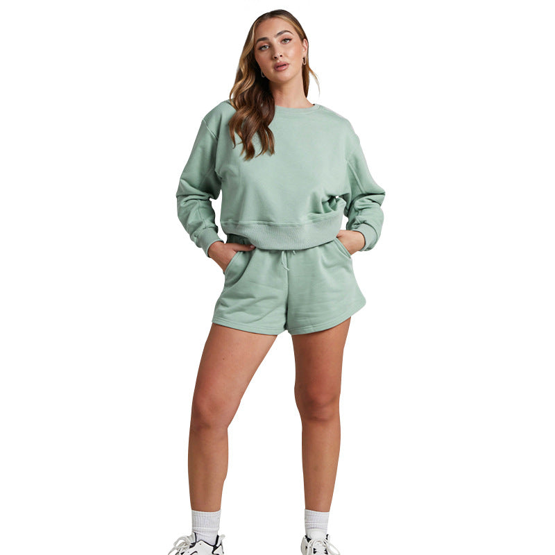 Solid Color Long Sleeve Sweaters Women's Clothing Short Two-piece Set