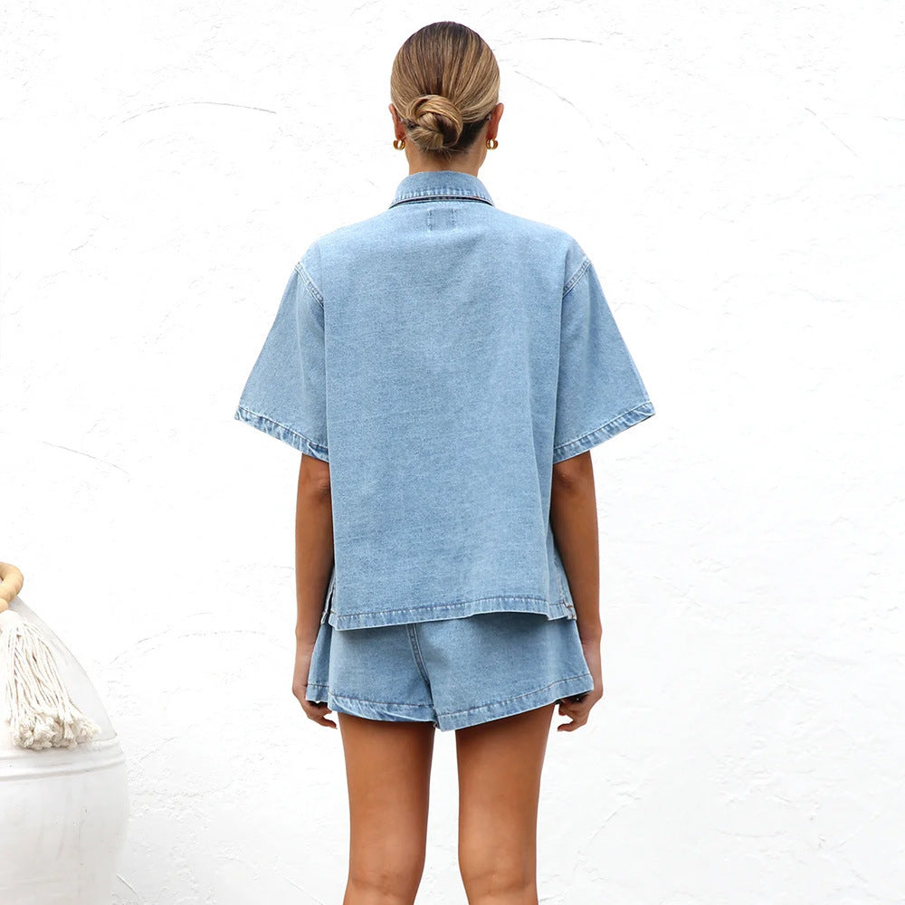 Women's Loose Pockets Short-sleeved Shirt Suit