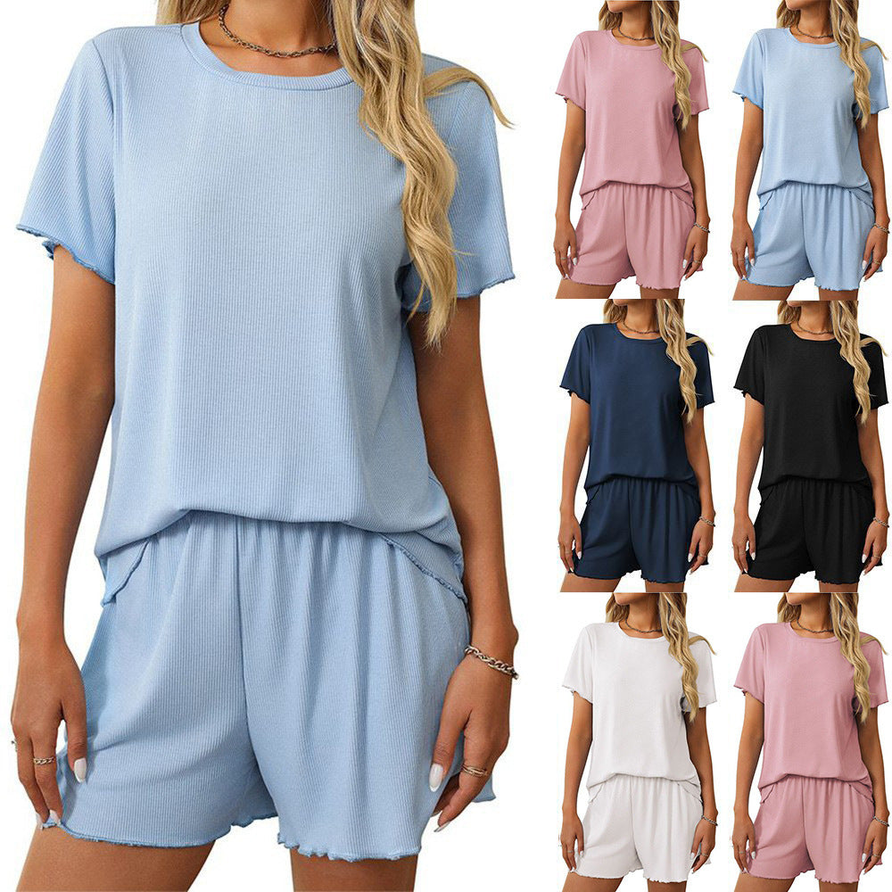 Women's Clothing Solid Color Rib Fabric Pajamas Short-sleeved Homewear Suit
