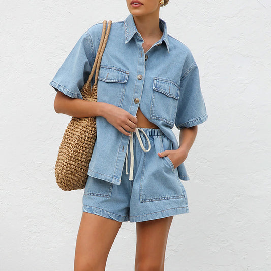 Women's Loose Pockets Short-sleeved Shirt Suit