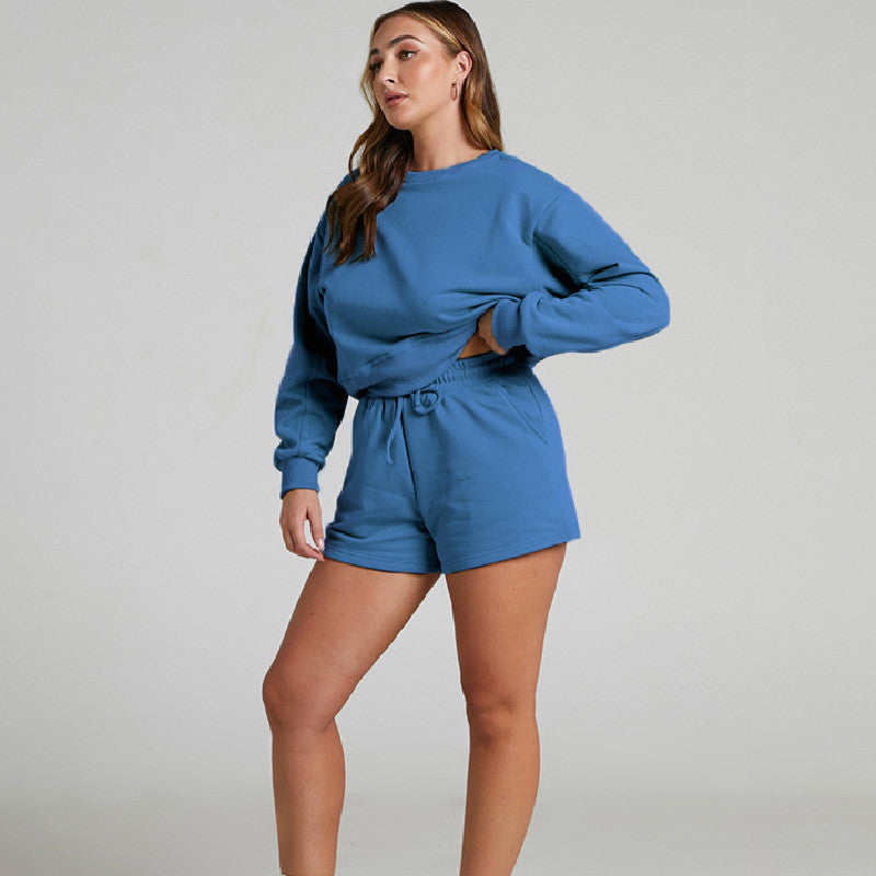 Solid Color Long Sleeve Sweaters Women's Clothing Short Two-piece Set