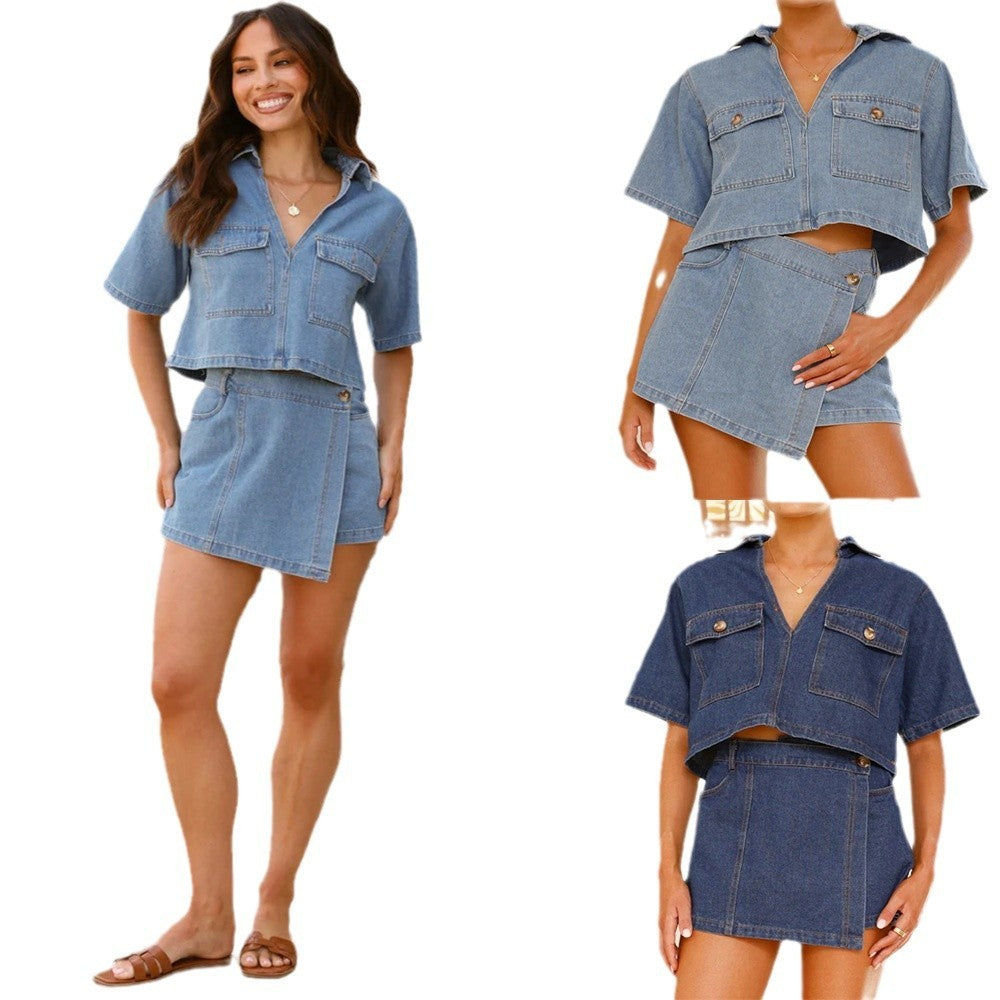Women's V-neck Short Sleeve Loose And Irregular Denim Short Pantskirt Suit