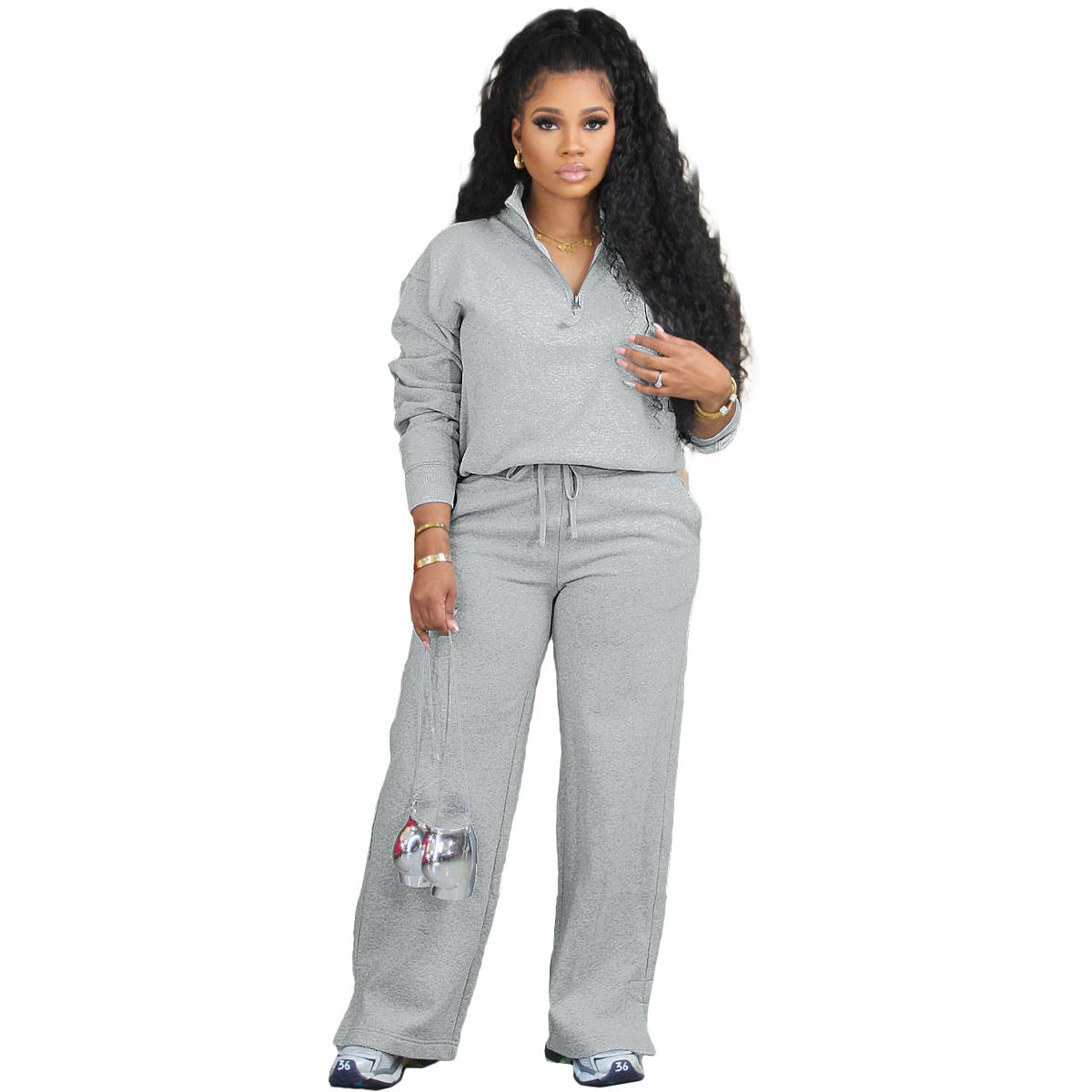 Solid Color Loose Zip Drawstring Pants Sports Two-piece Set
