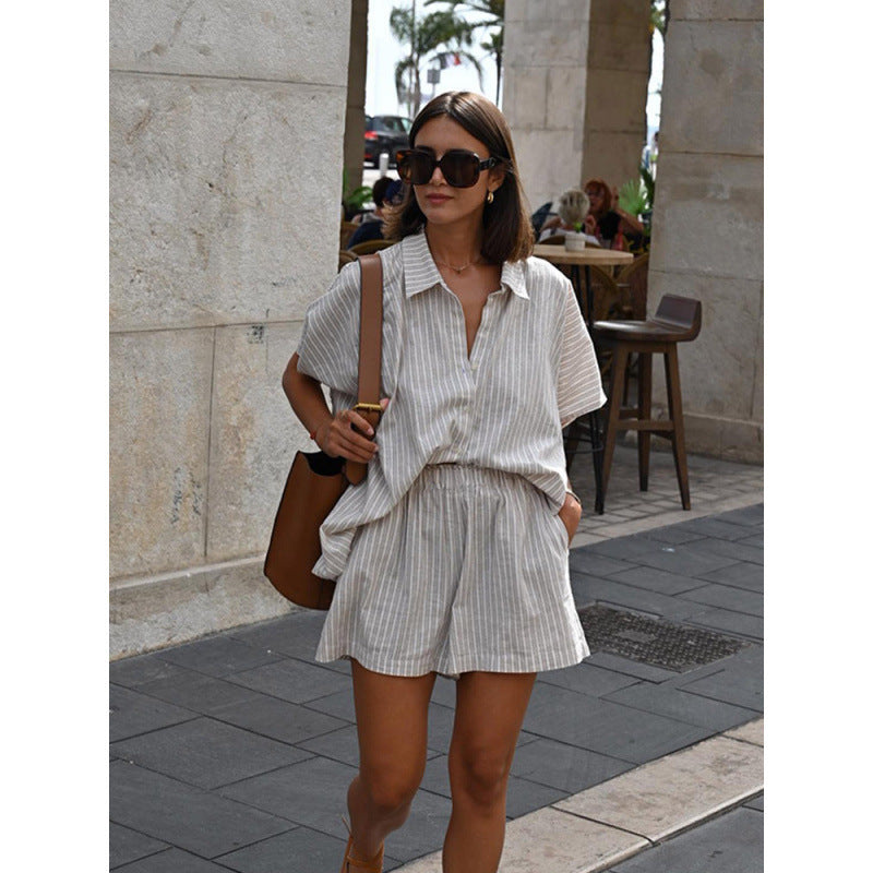 Fashion Casual Loose Striped Shirt Shorts Suit