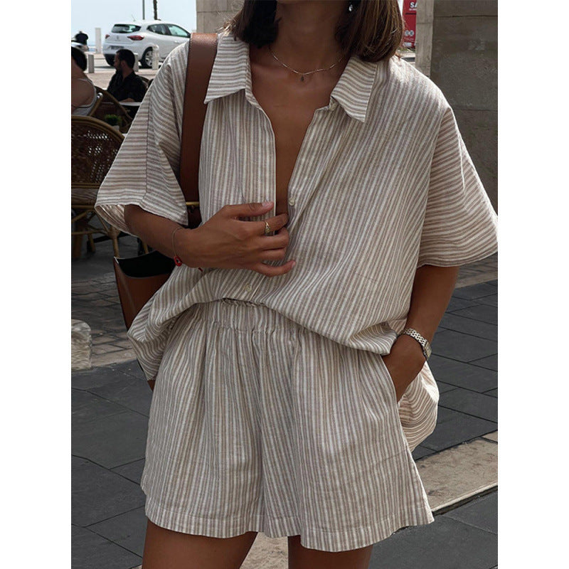 Fashion Casual Loose Striped Shirt Shorts Suit